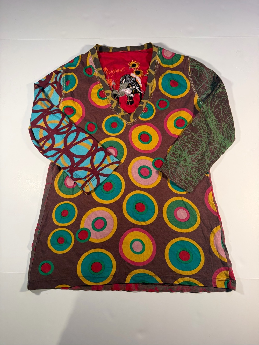 Desigual Womens Mixed-Print V-Neck Top in Brown and Teal